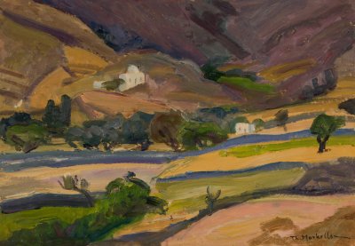Serifos, Landscape without Sky — Oil painting, Fiberboard, 35.00×50.00cm — Theodoros Markellos
